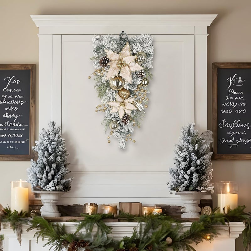 Arborus 27.5" Artificial Christmas Teardrop Swag with Champagne Poinsettia, Pine Cones, Berries & Ornaments, White Cedar Branch Base for Christmas Thanksgiving Winter Holiday Front Door and Wall Decoration - Image 4